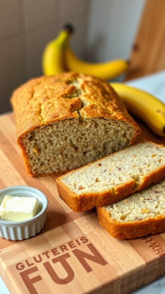 Gluten-Free Banana Bread with Two Bananas A loaf of gluten-free banana bread sliced on a cutting board with ripe bananas and butter.